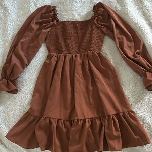 Burnt orange square neck puff sleeve shirred back dress NWOT